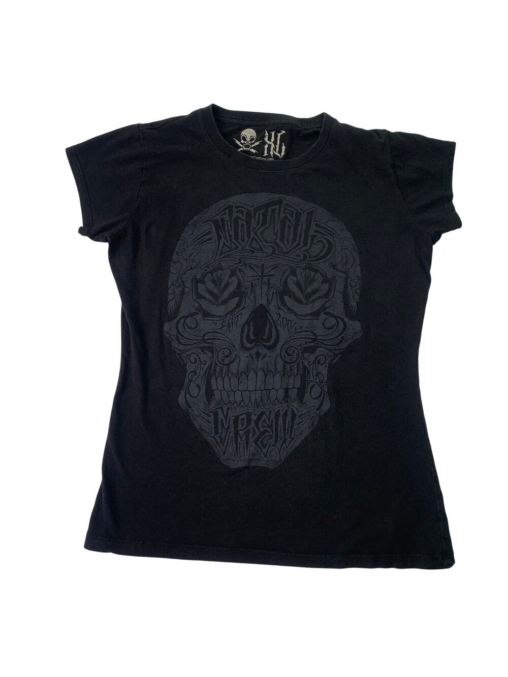 VTG Fatal Clothing Womens XL Metal Crew Skull Black White 100% Cotton Tee TShirt